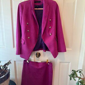 Skirt Suit Set Deep Fuchsia Suede Jacket & Skirt
